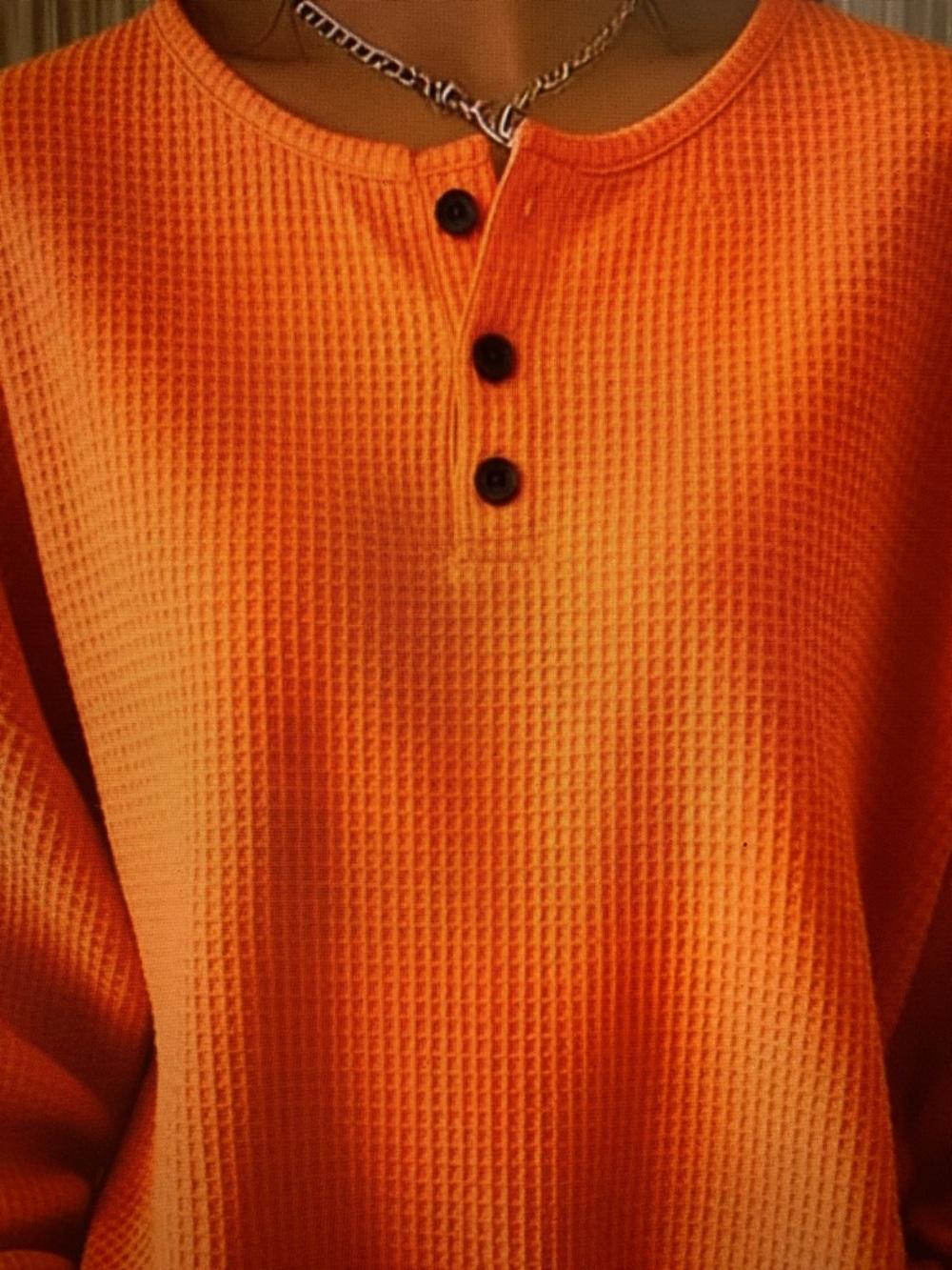 Men's Orange Waffle Knit Henley Shirt
